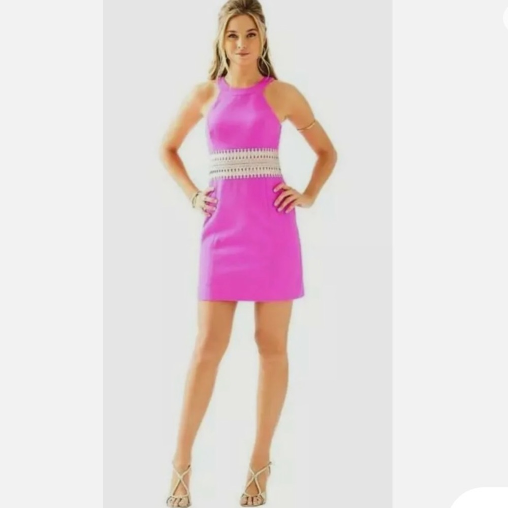 Lilly Pulitzer Ashlyn Hot Pink Magenta Gold Embellished Shift Halter Dress Sz 6